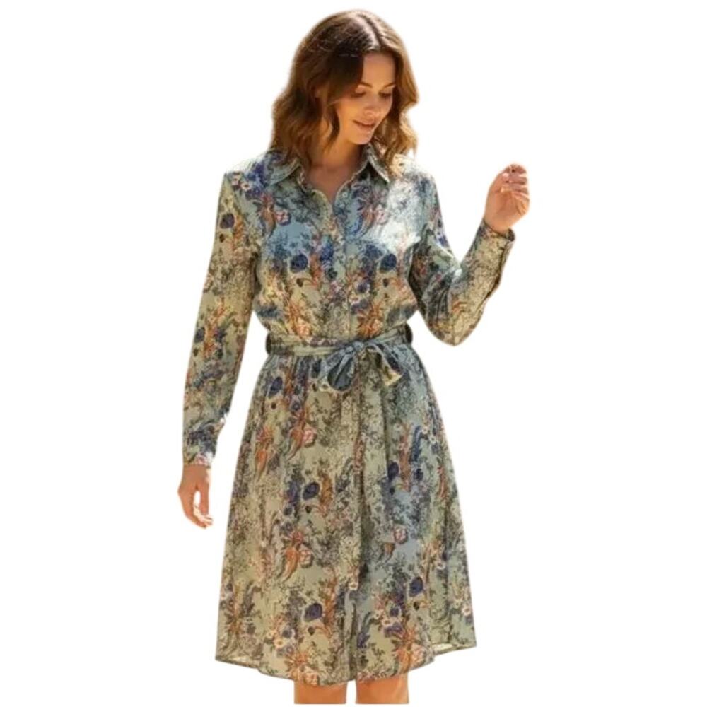 Ophelia Roe Mint Floral Belted Midi Shirt Dress Womens Size Small Shirtdress
